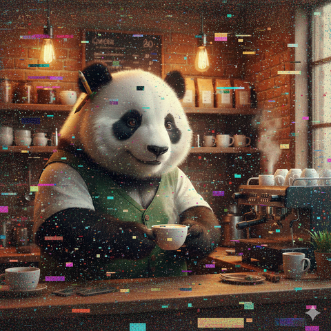 This is a Panda serving coffee on a local caffeteria